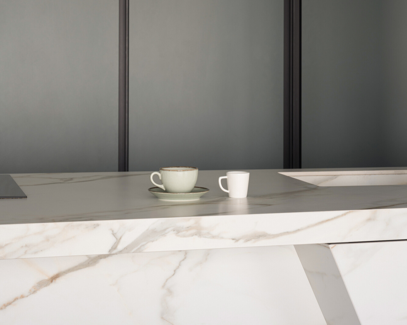 White marble kitchen details with coffee cups