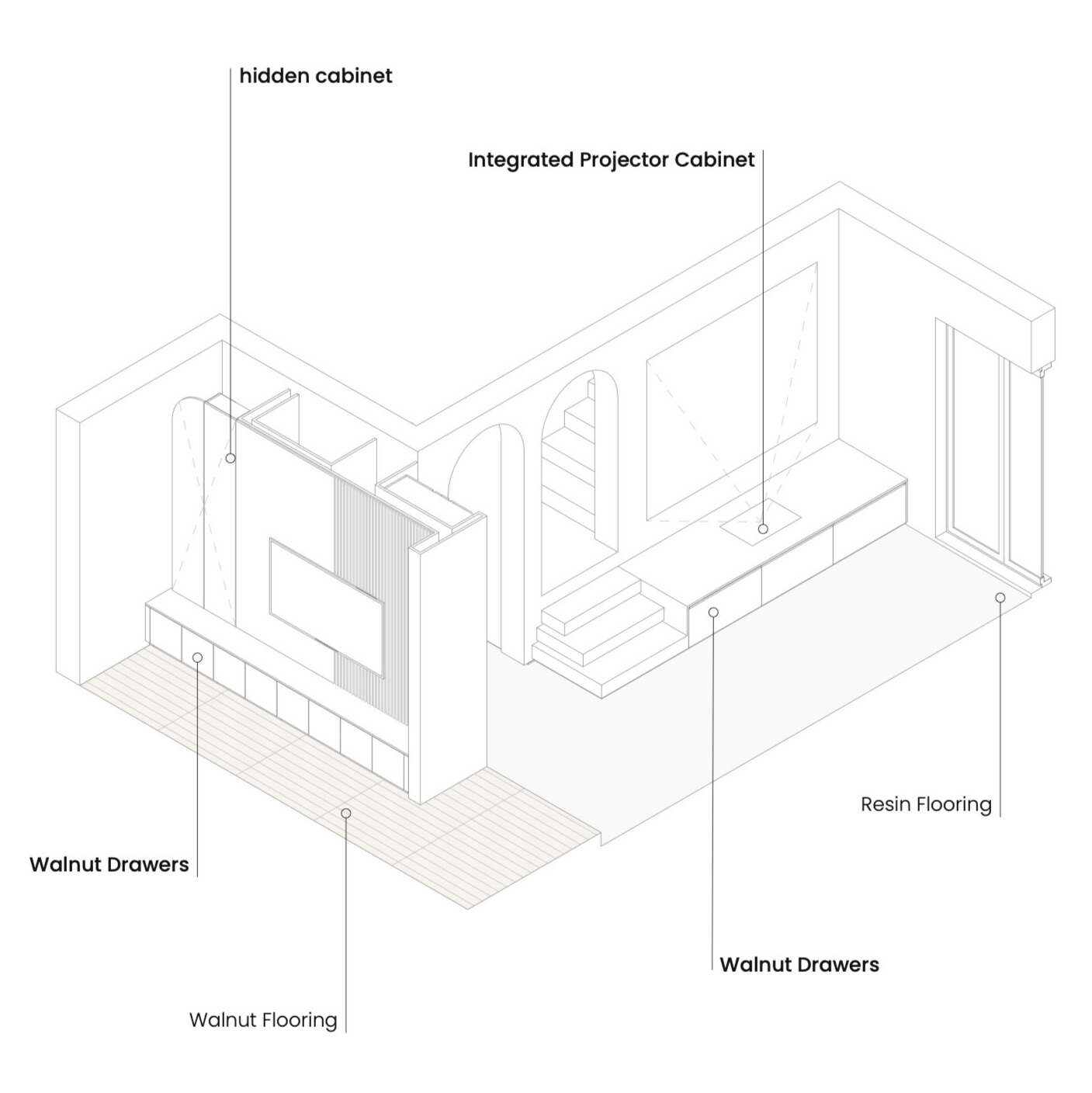 Axonometric projection of a living room with custom furniture designed