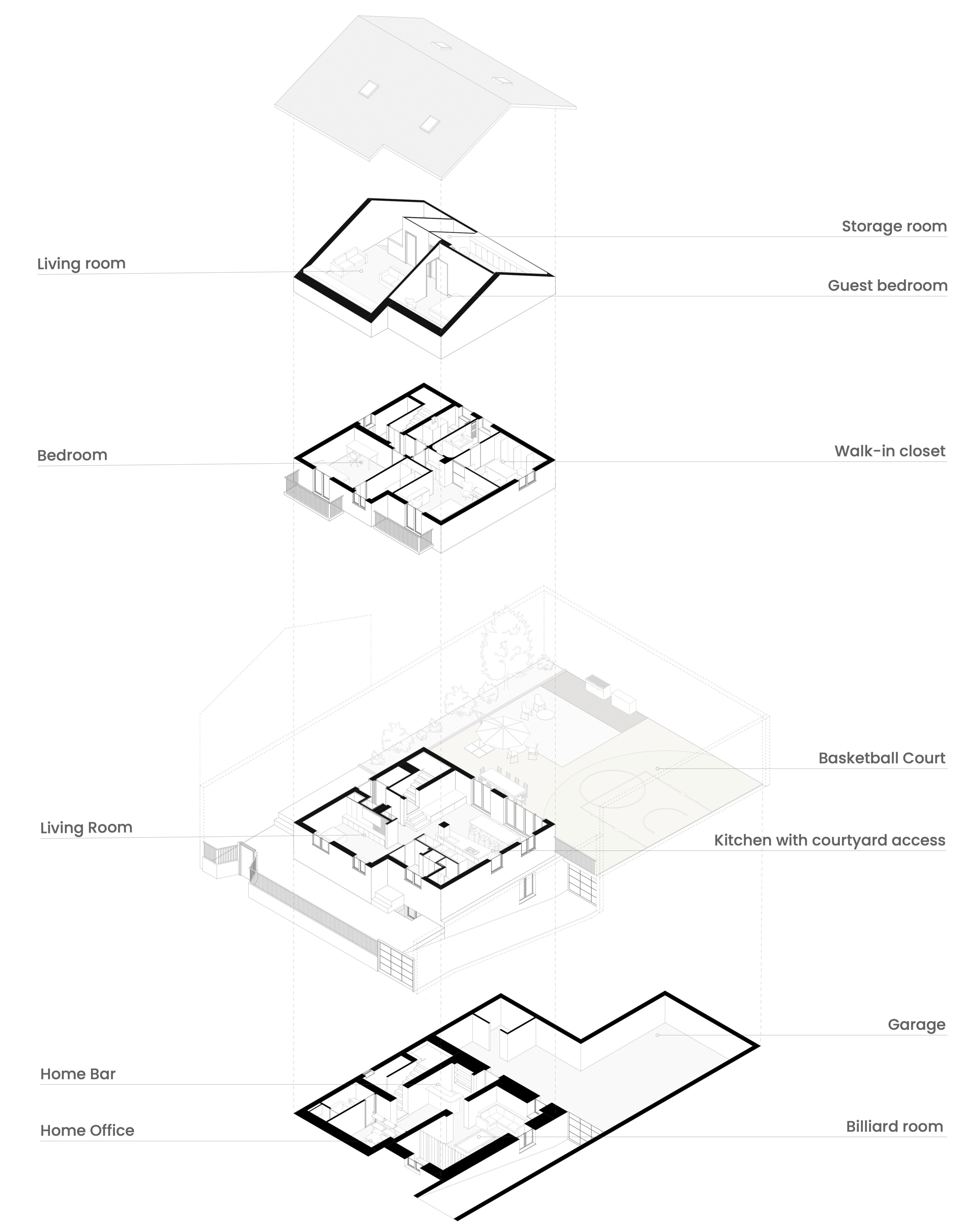 Axonometry of a semi-detached house redesigned by PlaC Architecture