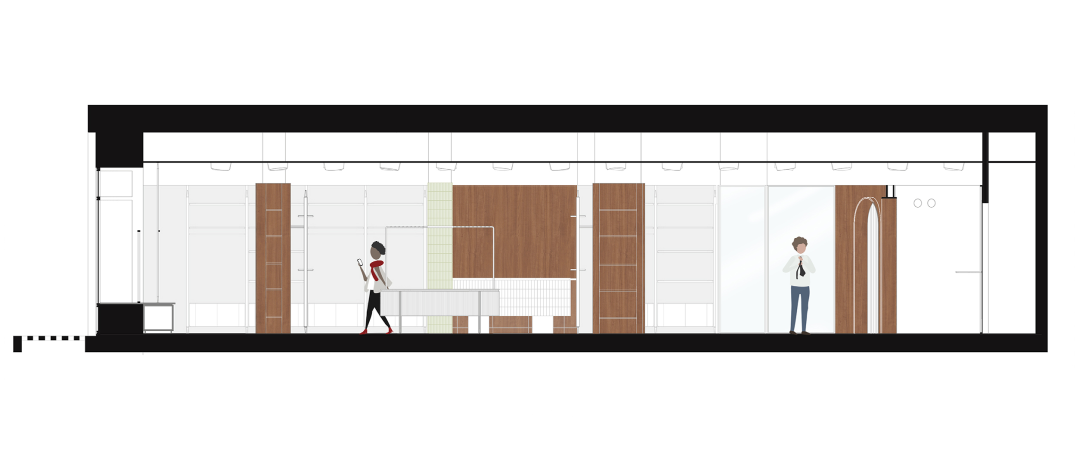 Architectural axonometry of a menswear shop.