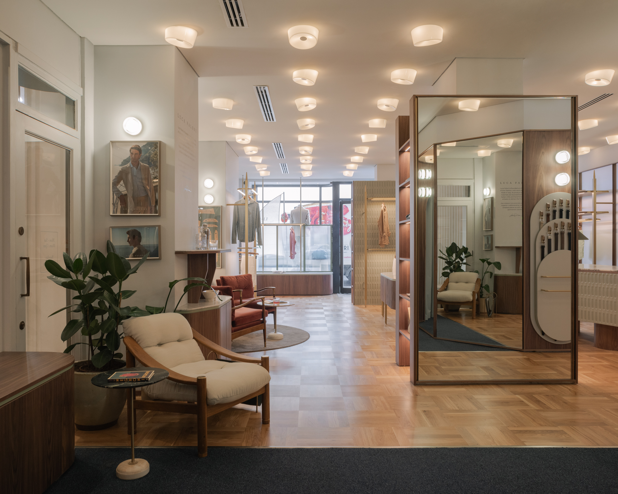 Interior space of a quiet luxury clothing shop.