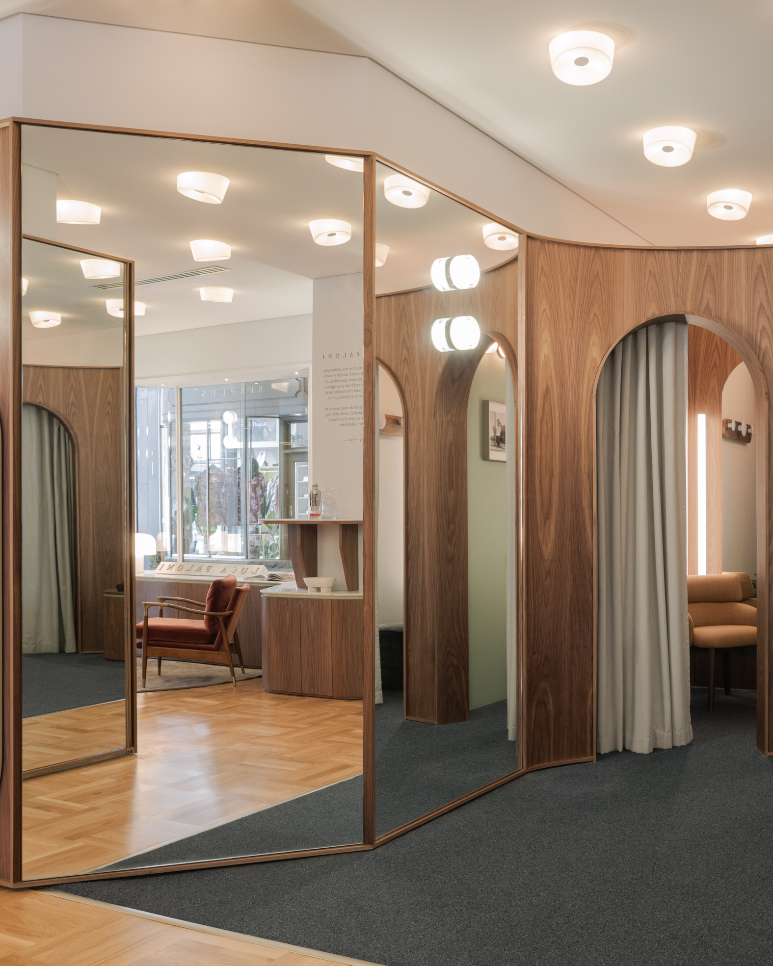Mirror system designed for the fitting rooms of a quiet luxury menswear shop.