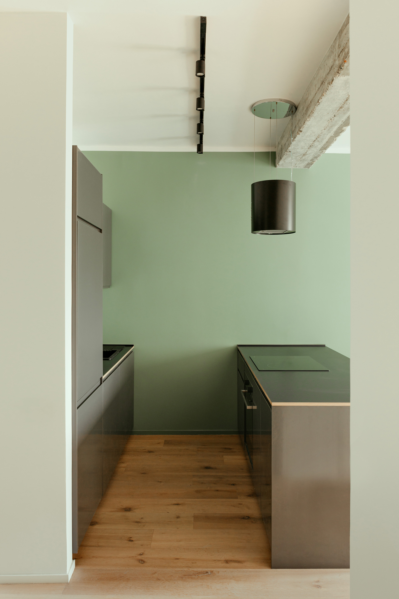 Minimalist bespoke black kitchen on sage green wall and light wood parquet.